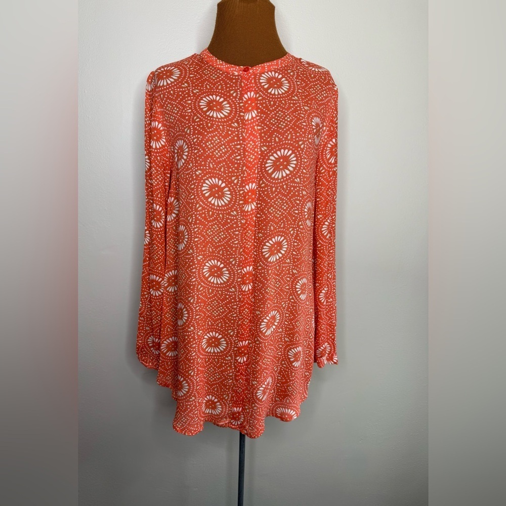 NWT Lucky Brand Button Front Batik Dot Blouse Orange Long Sleeve Size Small